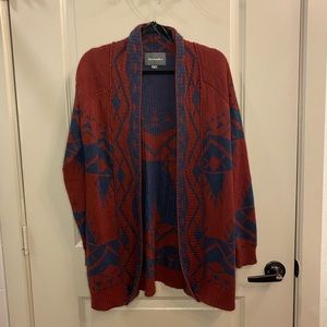 Burgundy and navy aztec style cardigan sweater